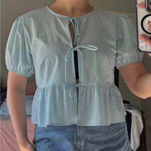 Wild Fable Light Blue Gingham Tie-Front Blouse